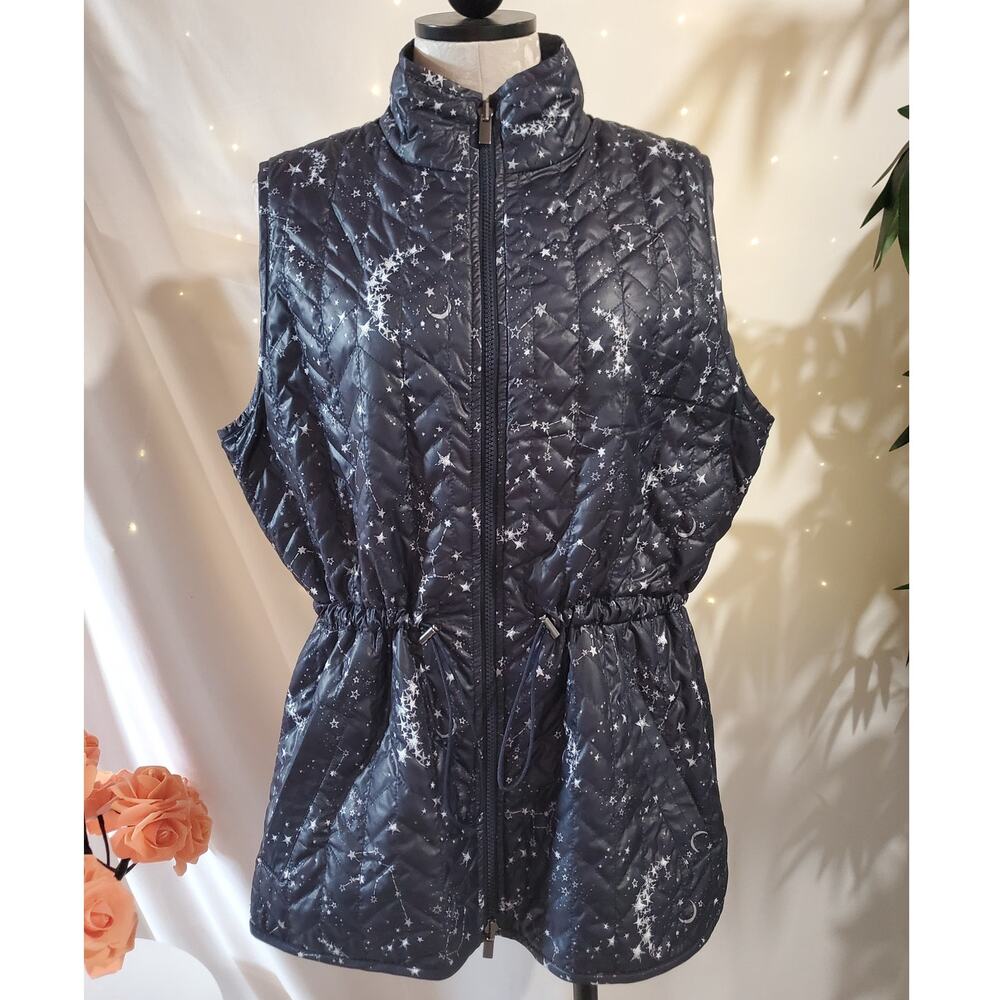 Chicos Zenergy Womens Reversible Quilted Celestial Vest Size 2 L 12/14 Navy Blue
